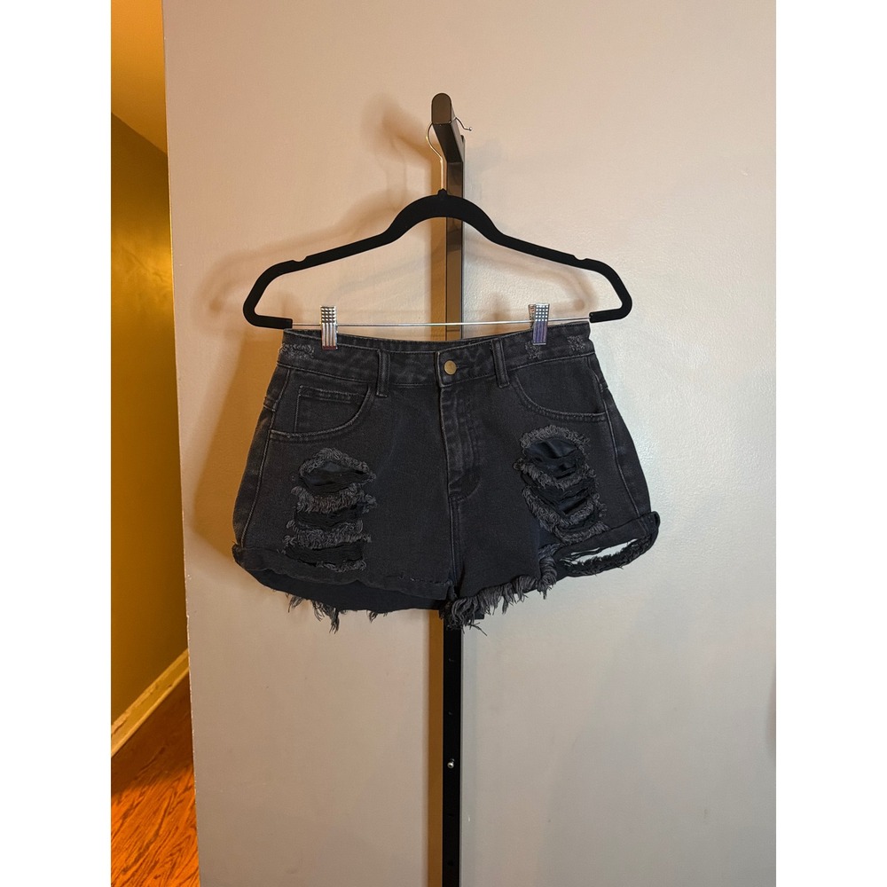 Thats So Fetch Black Distressed Denim Shorts High Waisted Frayed Hem Womens US 8